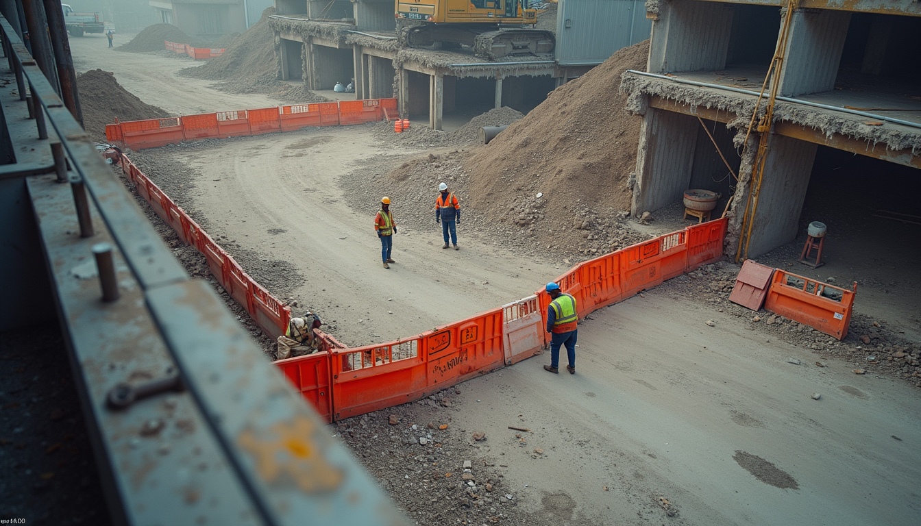 High angle view of construction workers setting up safety barriers around a demolition site