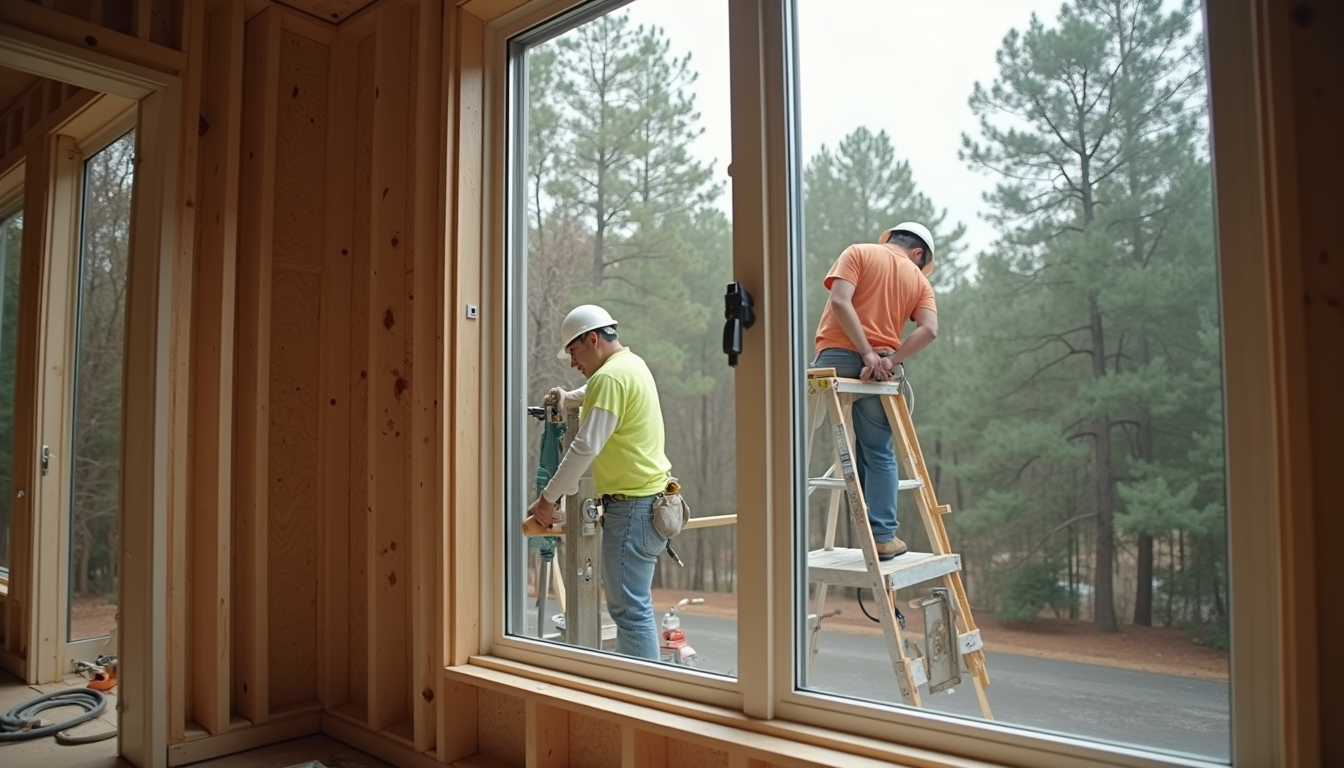 Eye-level view of a residential construction site with workers installing new windows
