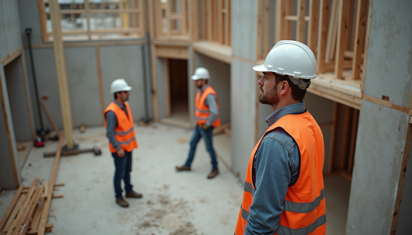 High angle view of a construction manager coordinating subcontractors at a home renovation site