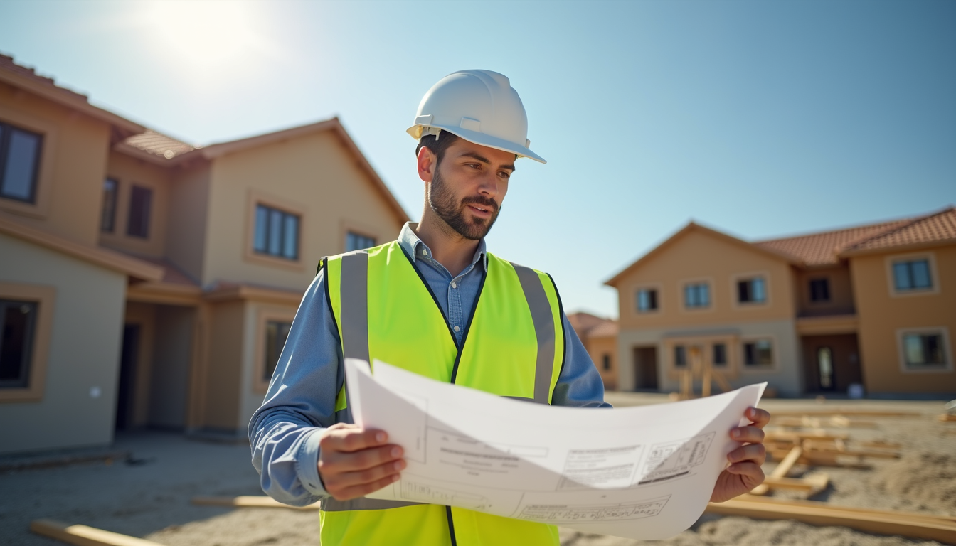 Eye-level view of a construction manager reviewing blueprints on a home renovation site