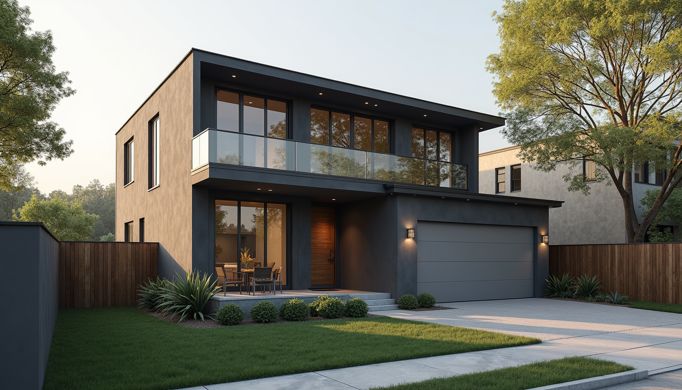 Eye-level view of modern home exterior with fiber cement siding