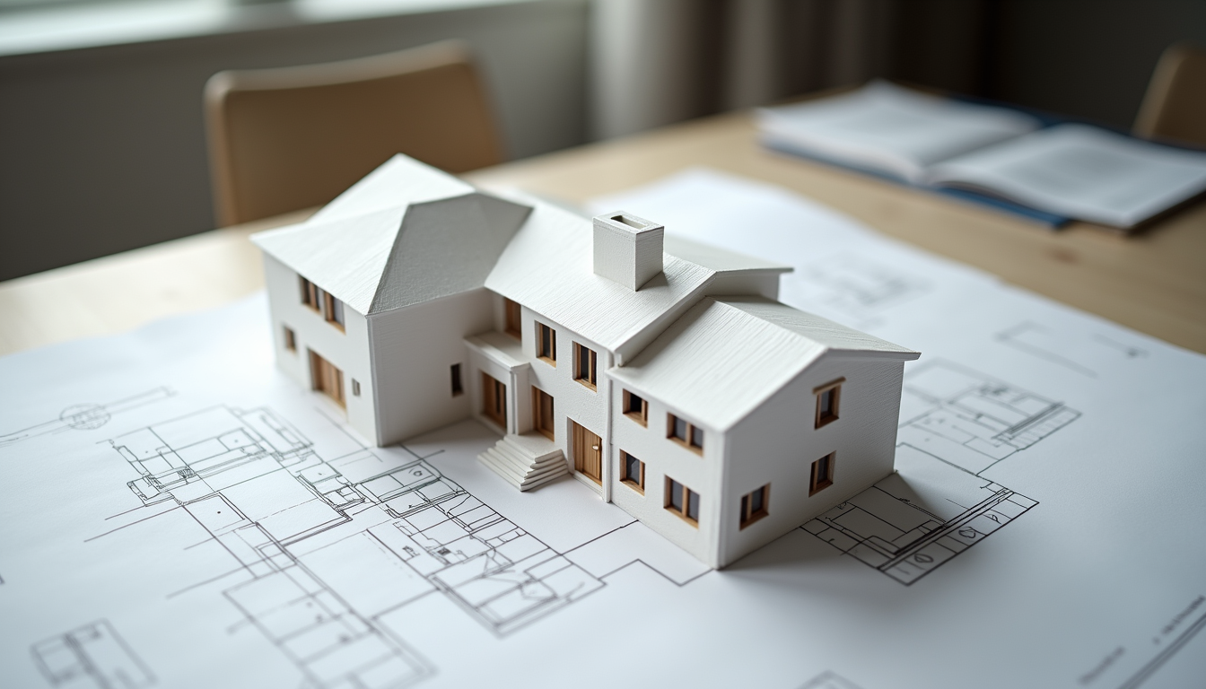 High angle view of architectural blueprints and a scale model of a home addition
