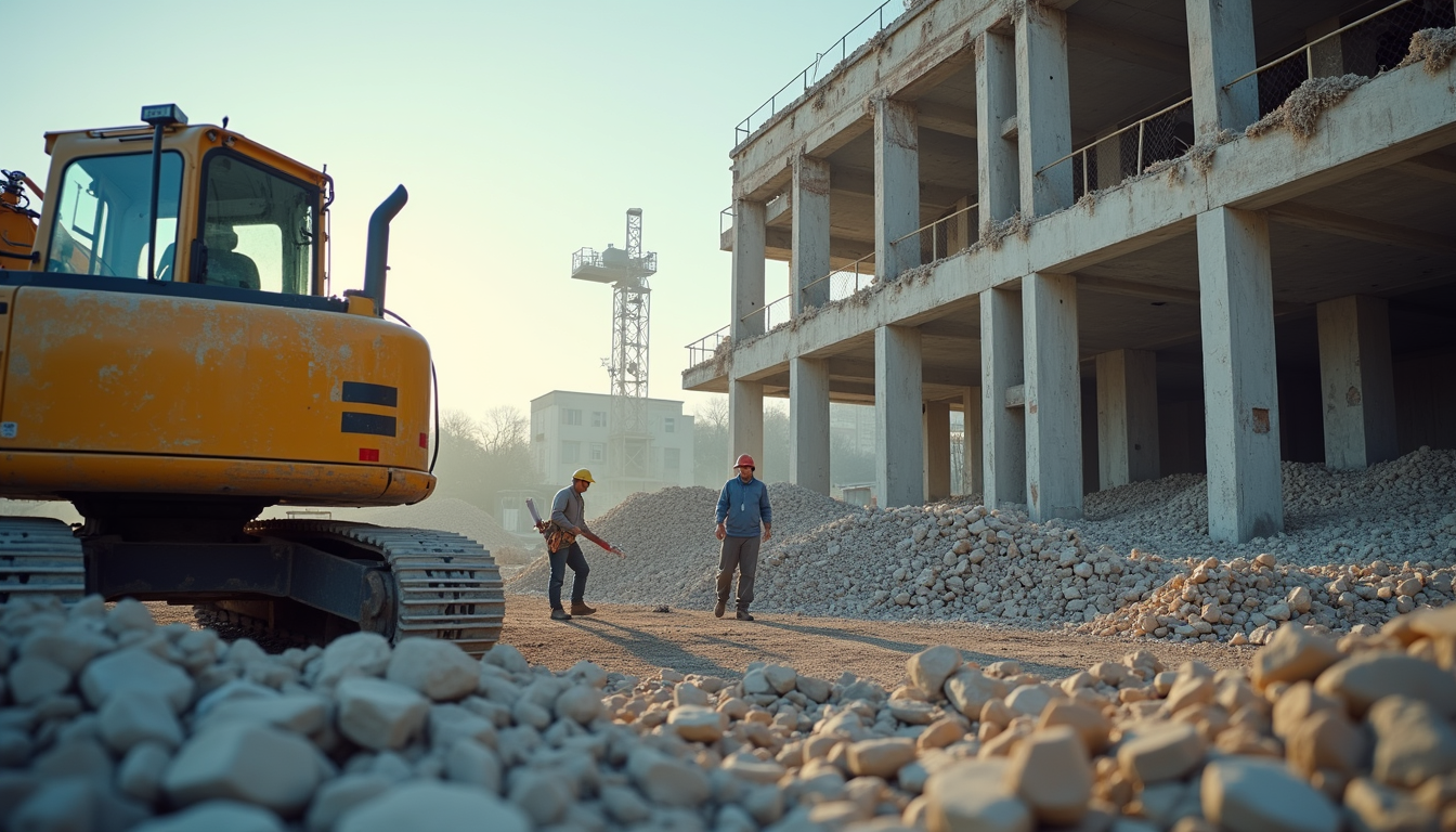 Eye-level view of a construction site with demolition equipment preparing the area