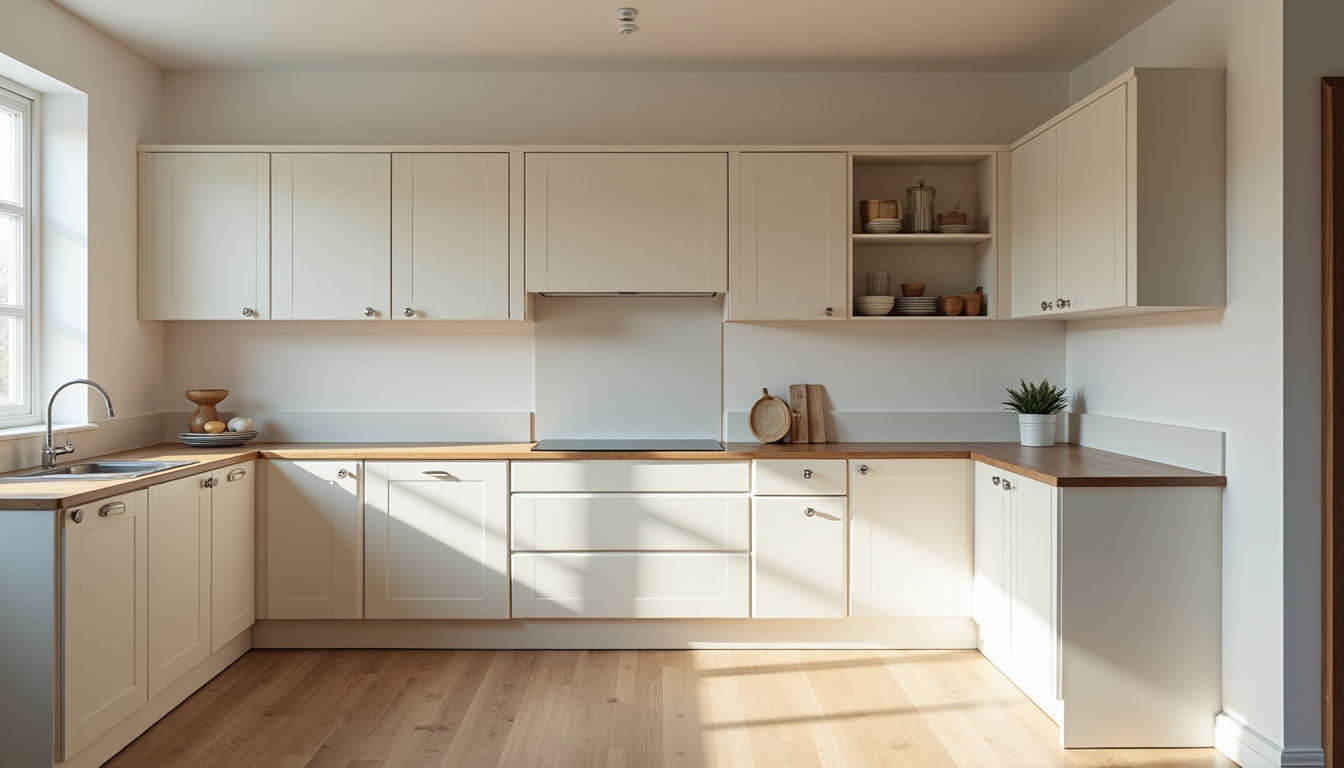 Eye-level view of a partially renovated kitchen with new cabinets and flooring