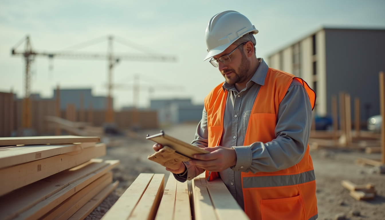 Close-up view of a construction manager inspecting building materials at a residential construction site