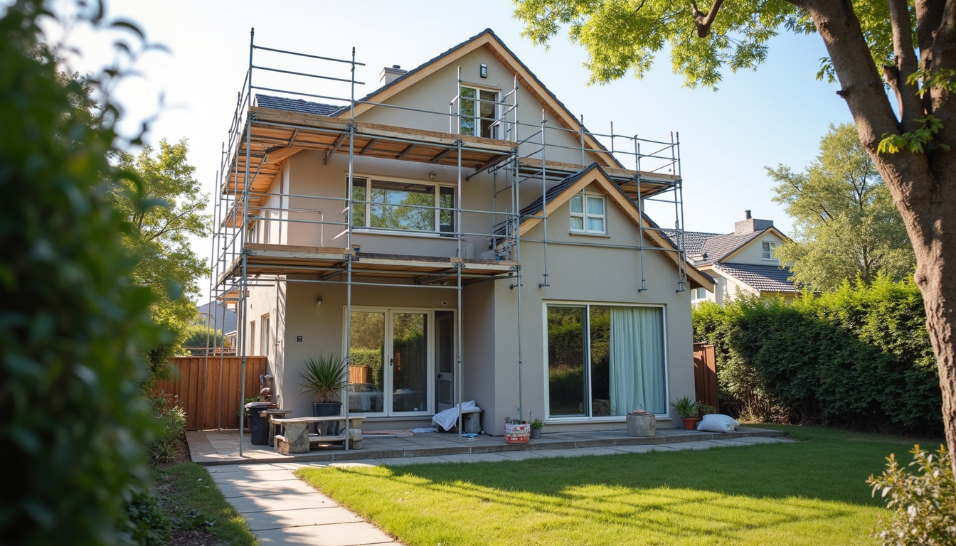 Wide angle view of a home exterior renovation with scaffolding and construction materials