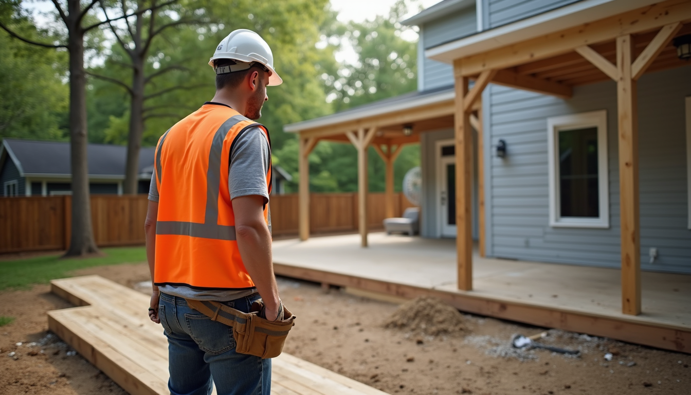 Wide angle view of a general contractor supervising a deck construction in a Charlotte backyard