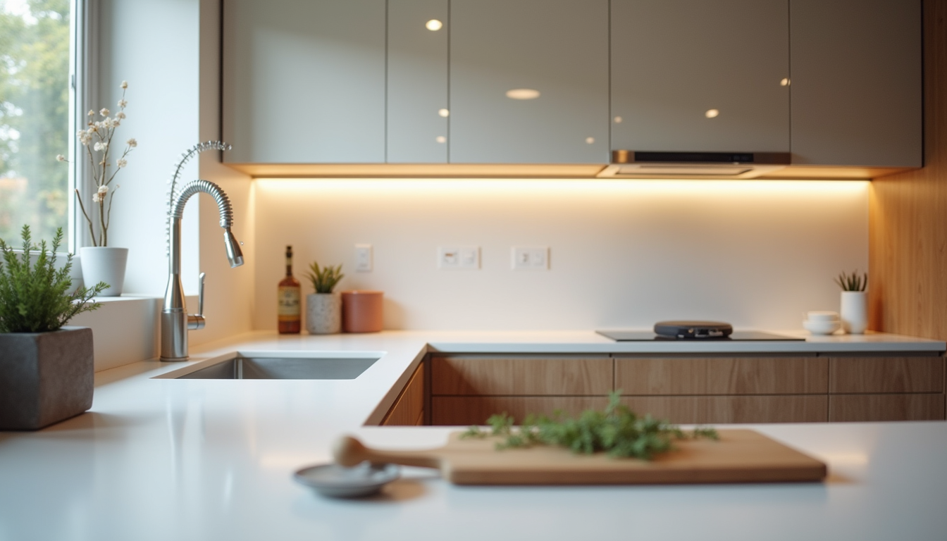 Eye-level view of a modern kitchen renovation in progress with new cabinets and countertops
