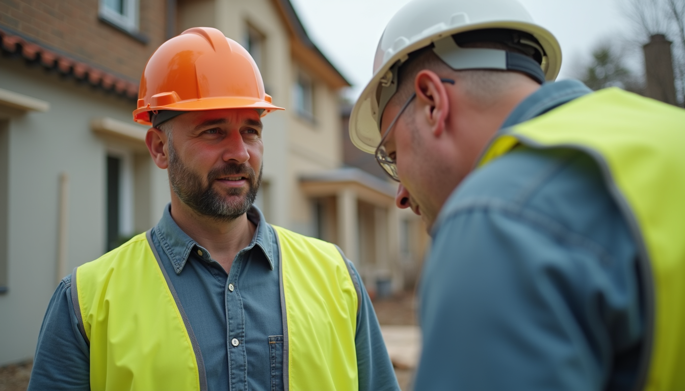 Construction site workers discussing plans and blueprints