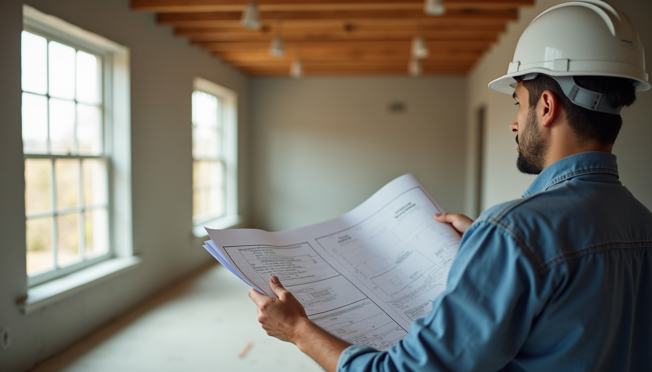 Close-up view of a construction manager reviewing home renovation plans