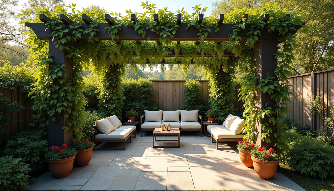 High angle view of a backyard pergola with climbing plants and comfortable seating