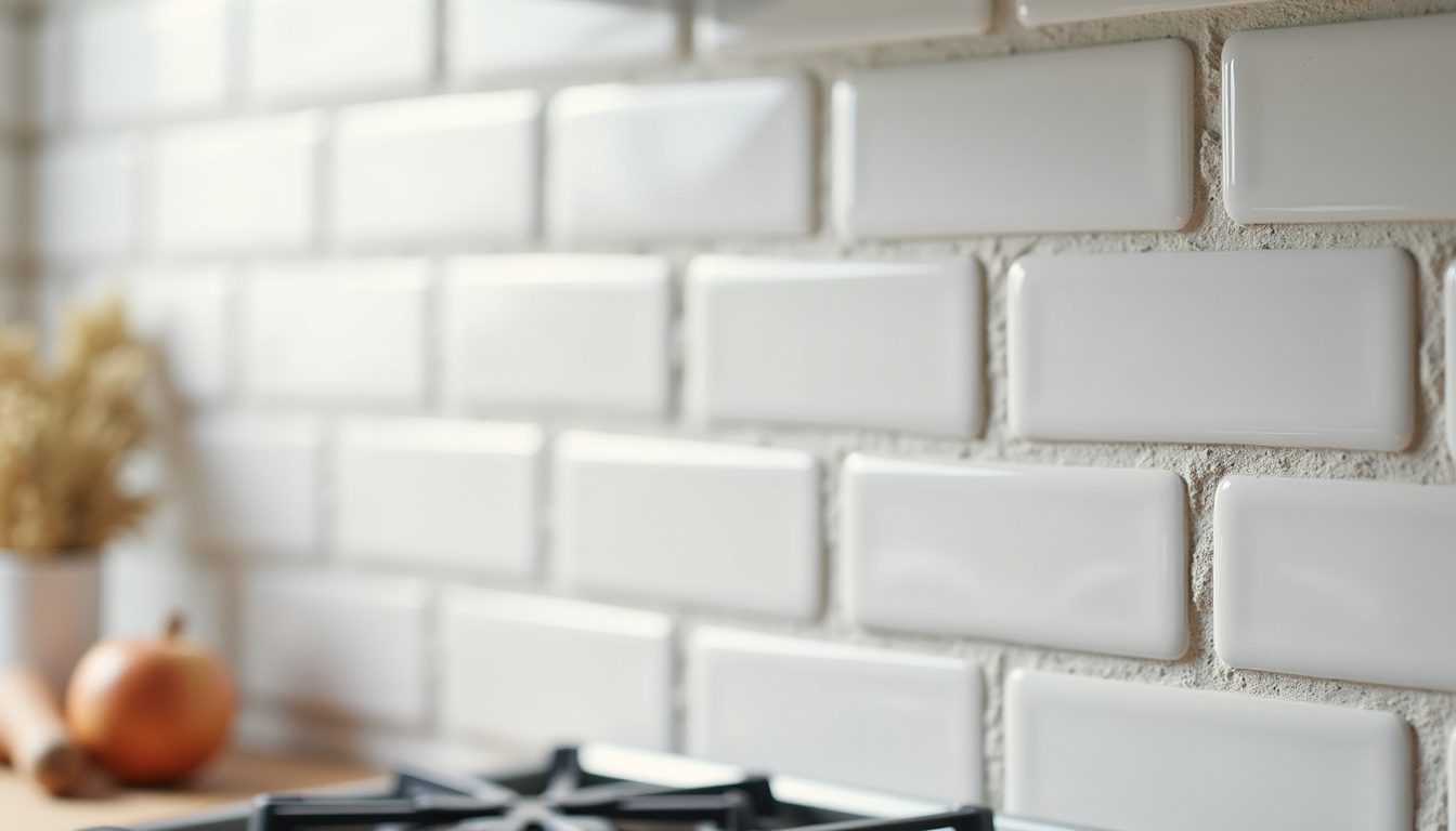 Close-up view of white subway tile backsplash in kitchen