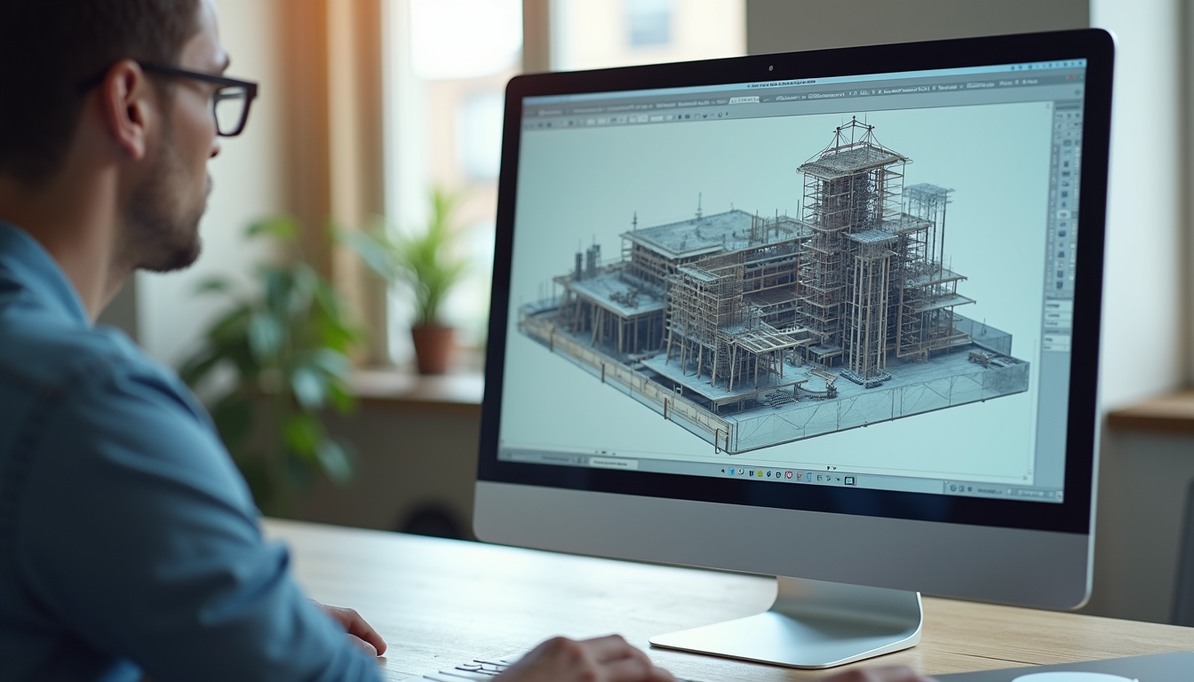 High angle view of a 3D architectural model on a computer screen