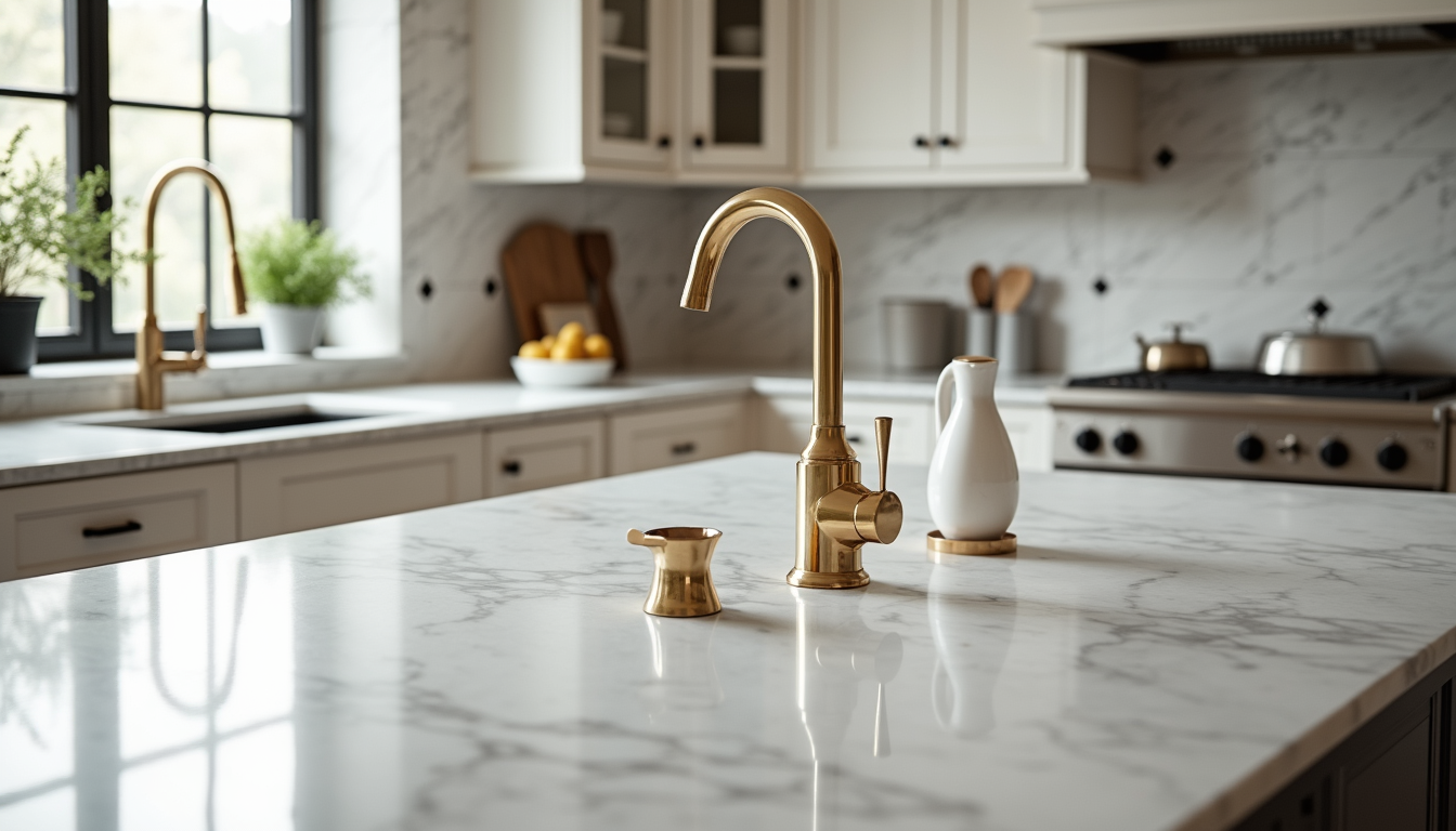 High angle view of a kitchen with marble island and vintage brass fixtures