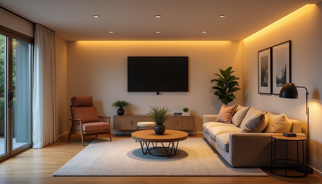 Eye-level view of a cozy basement living area with budget-friendly decor