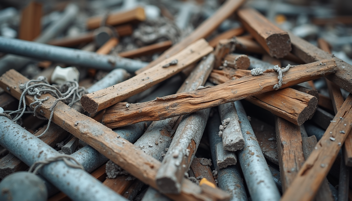 Close-up view of sorted demolition debris ready for recycling
