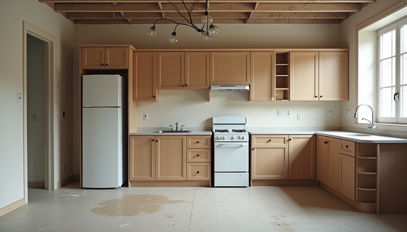 Eye-level view of a partially renovated kitchen with exposed wiring and unfinished cabinets