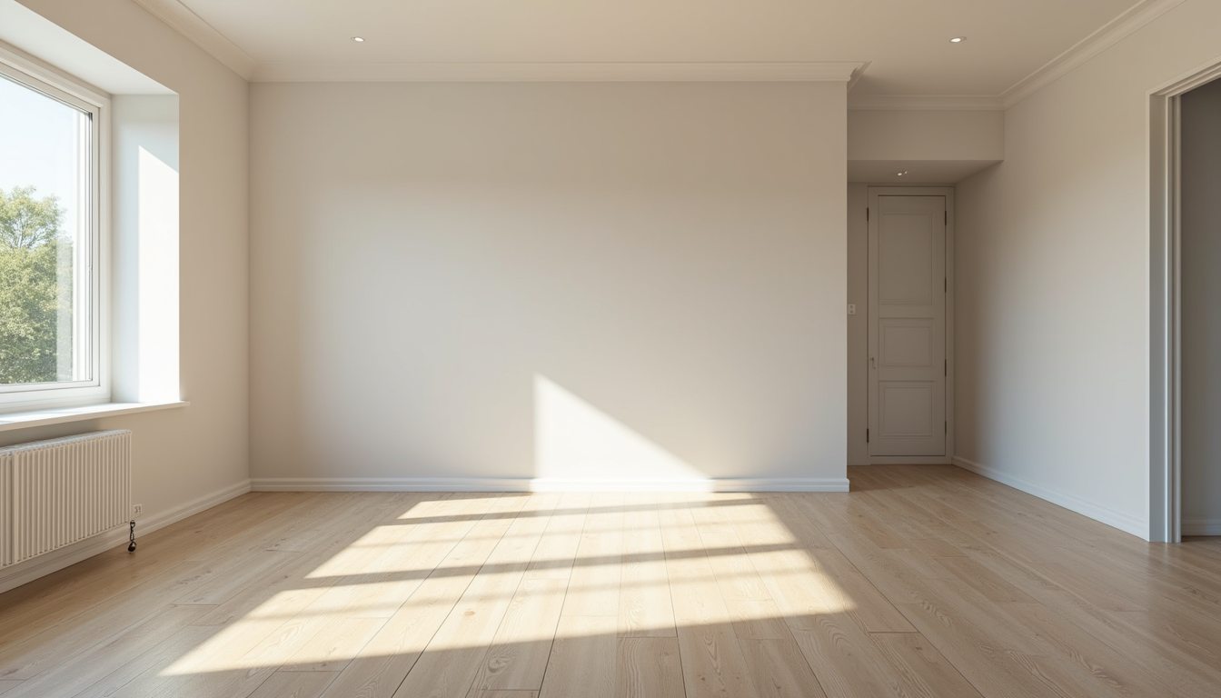 Wide angle view of a living room renovation with new flooring and paint