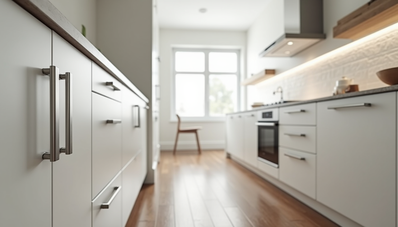 Eye-level view of modern kitchen cabinets with new brushed nickel hardware