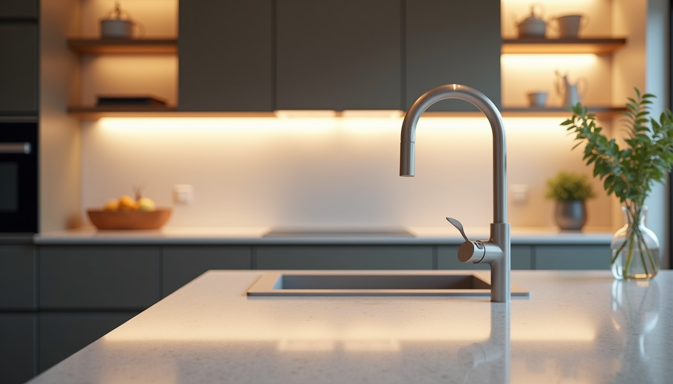 Eye-level view of modern kitchen with quartz countertops and under-cabinet lighting