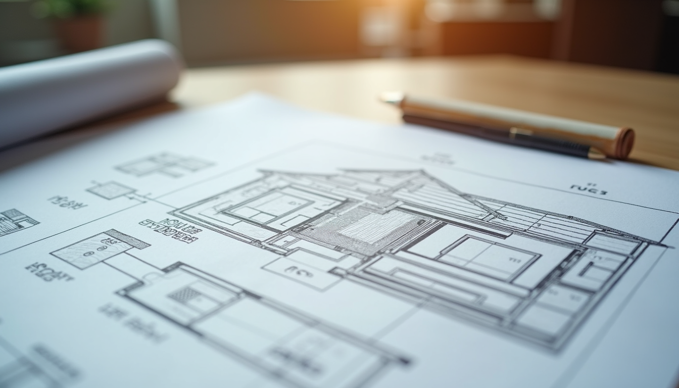 Eye-level view of a detailed home renovation blueprint on a table