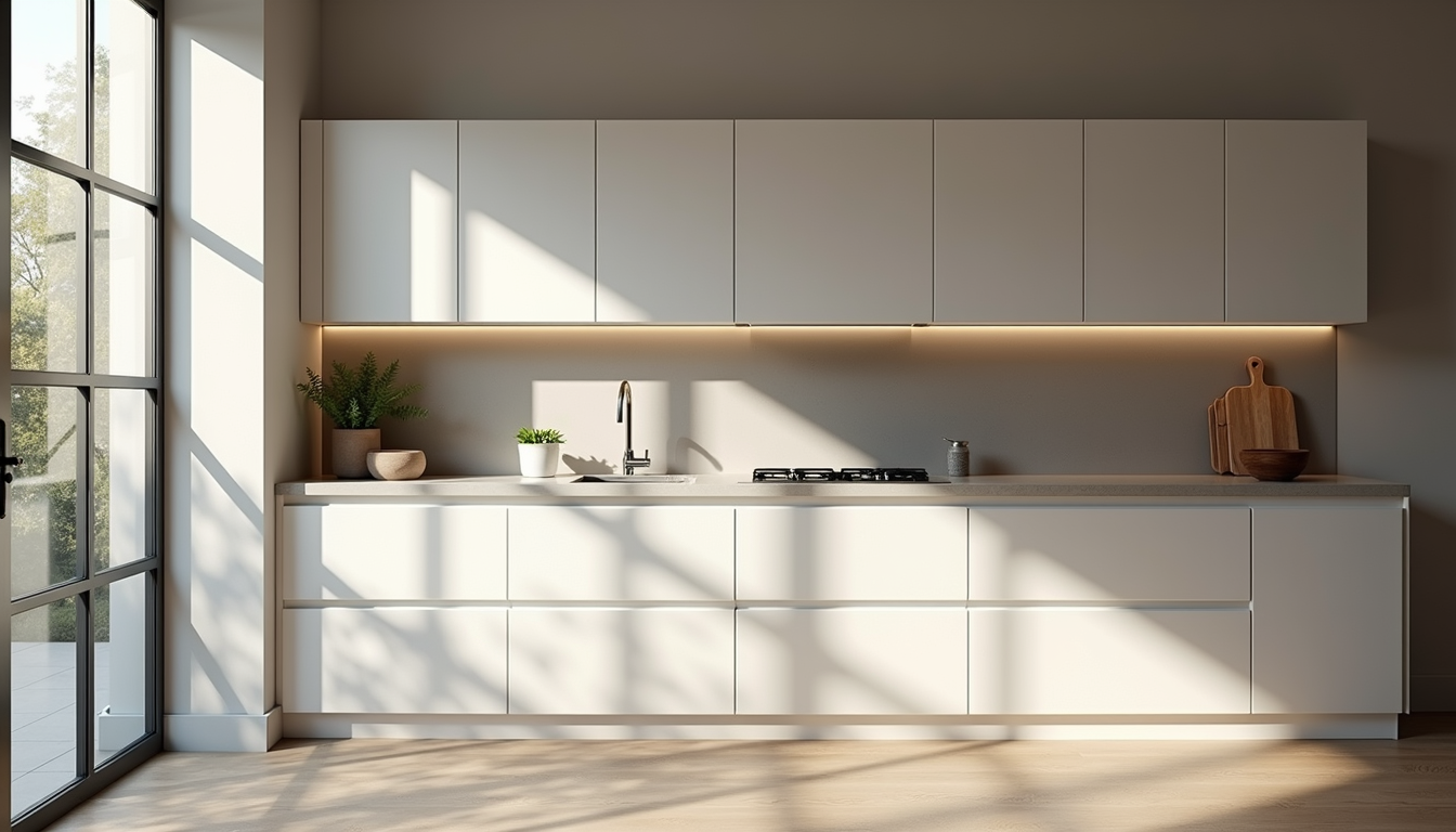 Eye-level view of sleek contemporary kitchen with minimalist cabinetry
