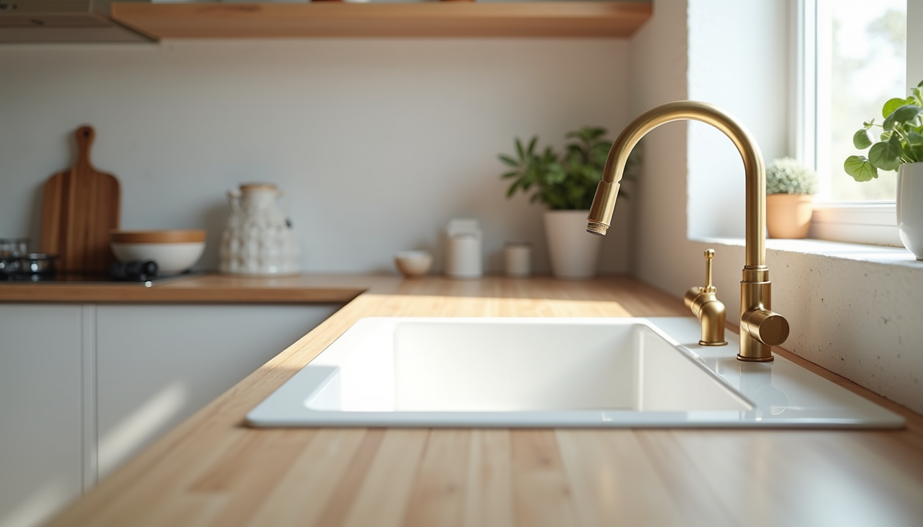 Eye-level view of a white ceramic farmhouse sink installed in a modern kitchen with wooden countertops and brass fixtures