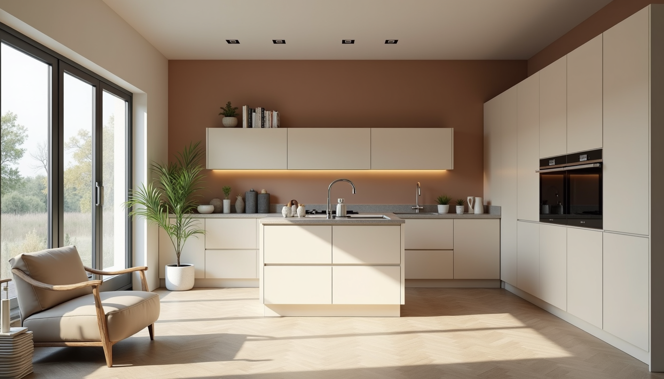Wide angle view of contemporary kitchen with smart appliances and two-tone cabinetry