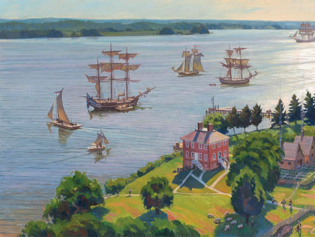 A painting depicting life in colonial London Town. Tall ships on the South River with the brick tavern in the foreground.