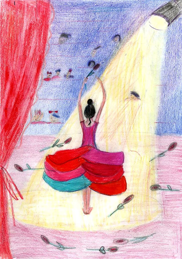 Ewa Polushkin 8 y.o. "Dream dance in spotlight" Colour pencils on paper