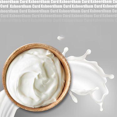 Top view of a bowl of A2 Gir cow curd with milk splashes in the background and text at the top emphasizing 'Ksheerdham curd.