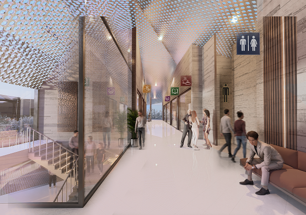 Interior render of the main corridor showing perforated metal ceiling, glass balustrades and wayfinding signage