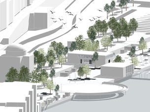 Perspective view showing modular transit structures by the seaside