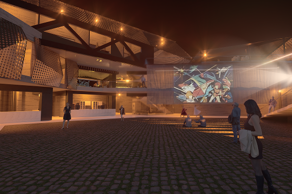 Night render of the open-air courtyard theatre with projected mural and stepped seating