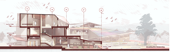 Transverse section B–B1 showing the relationship between pharmacy, market, access ramps and the main public plaza