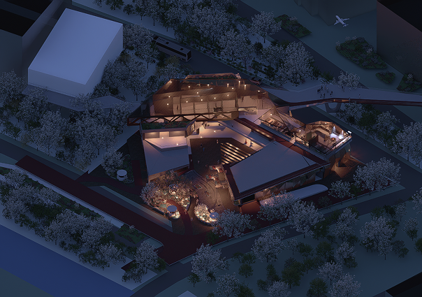 Aerial night render of Convergencia Cultural showing the angular roof canopy illuminated against the urban context of Sabaneta, Colombia