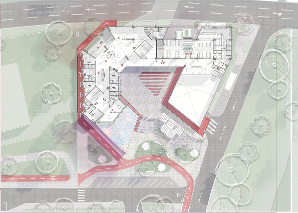 Second floor plan with restaurant, co-working, gallery and kitchen