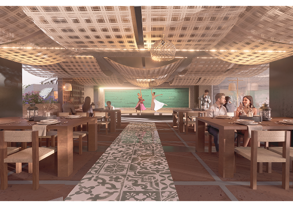 Interior render of the restaurant showing diners, woven ceiling, patterned tile floor and central stage with dancers