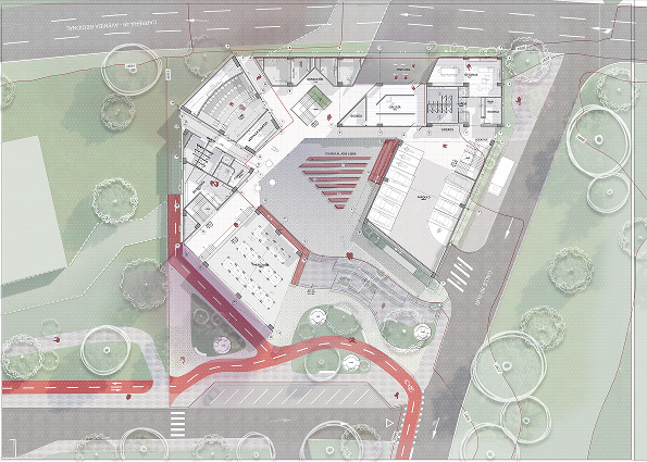 Ground floor plan showing market, access routes, landscaping and the red circulation spine