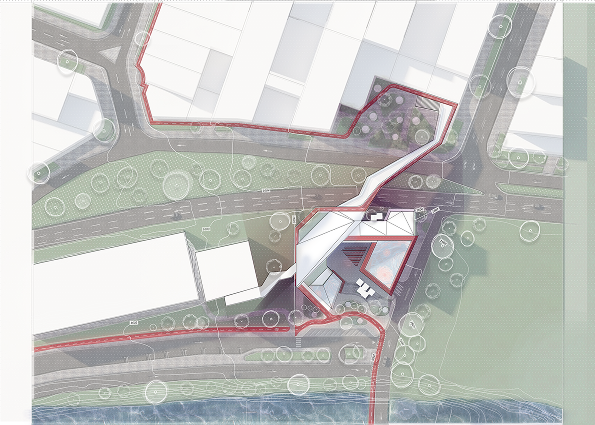 General site plan showing the building’s relationship to surrounding streets, green buffer zones and the river edge