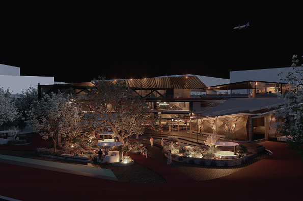 Exterior night view showing illuminated terraces, landscaped garden and arriving visitors