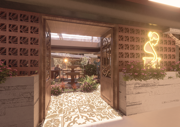 Restaurant entrance framed by perforated brick screens, ornamental ironwork gates and neon signage