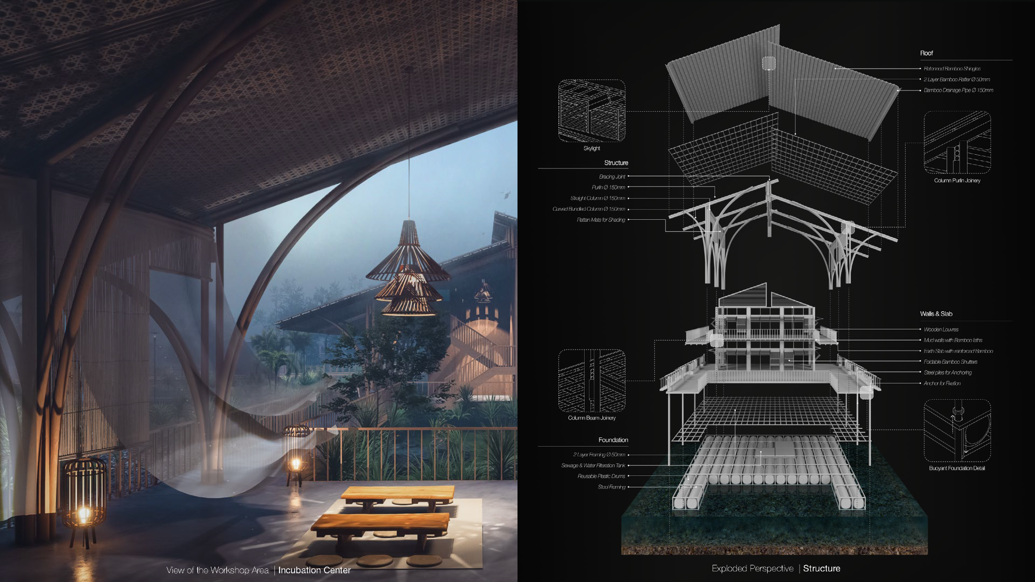 Night perspective of the Incubation Center workshop area and detailed exploded axonometric diagram of the bamboo structural assembly