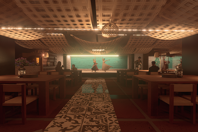 Night-time interior view of the restaurant emphasising warm amber glow and stage performance
