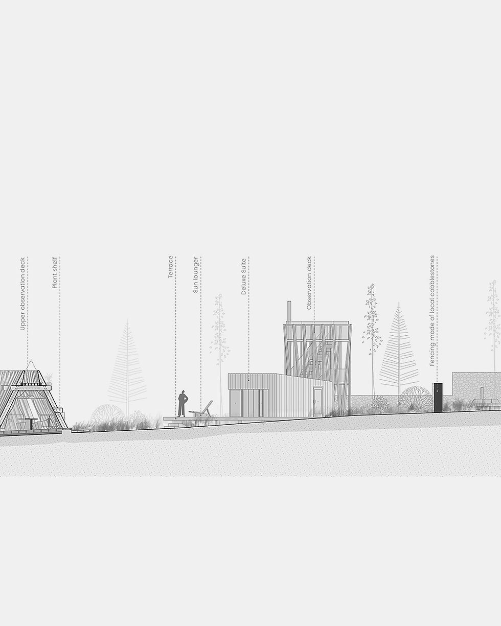 Section through the deluxe suite module highlighting the observation tower and chimney