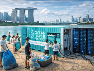 An AI visualisation of Ocean Purpose Project's 2030 vision for Singapore- The initial $9 million SGD prototyping to launch OPP Plastic to Hydrogen units will be realised and deployed as modular solutions at every beach in Singapore. School kids and their families will know where the waste goes, cars can be charged by the units as well as data server farms with freshwater used for cooling being treated by OPP's seaweed and mussel lines.