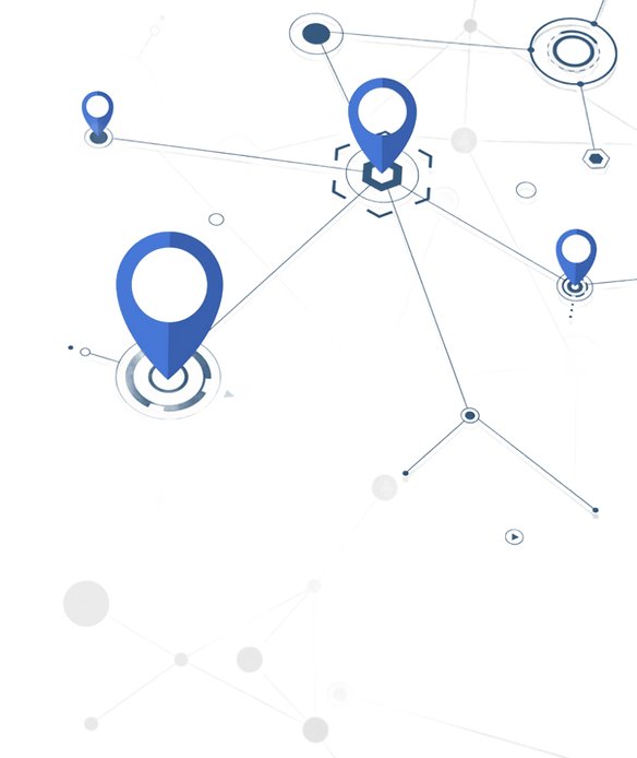 Four blue map pins connected by lines representing locations or destinations on a map.