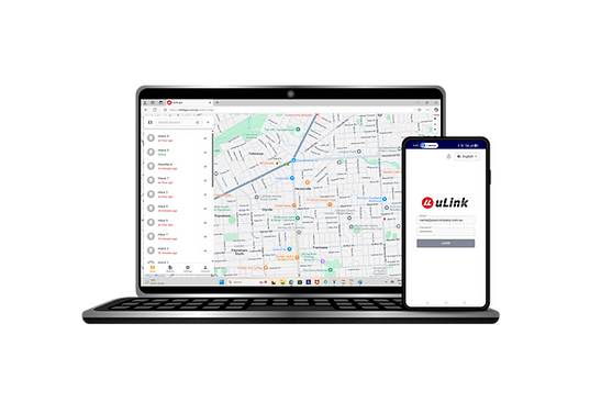 uLink GPS software showcasing real-time vehicle tracking map and login screen on both desktop and mobile devices.