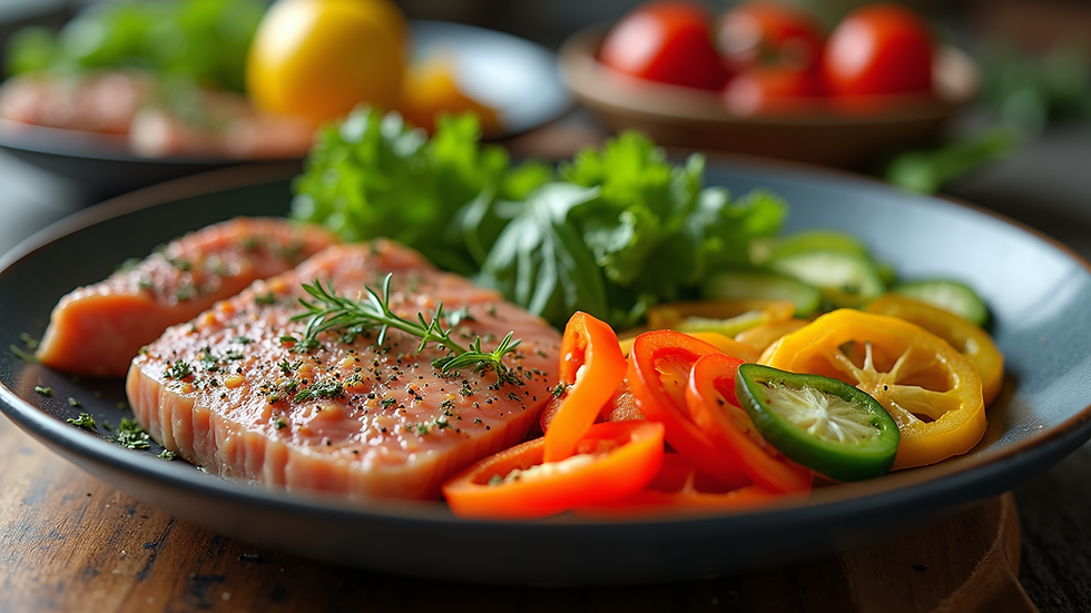 Eye-level view of a healthy meal prep with colorful vegetables and lean proteins