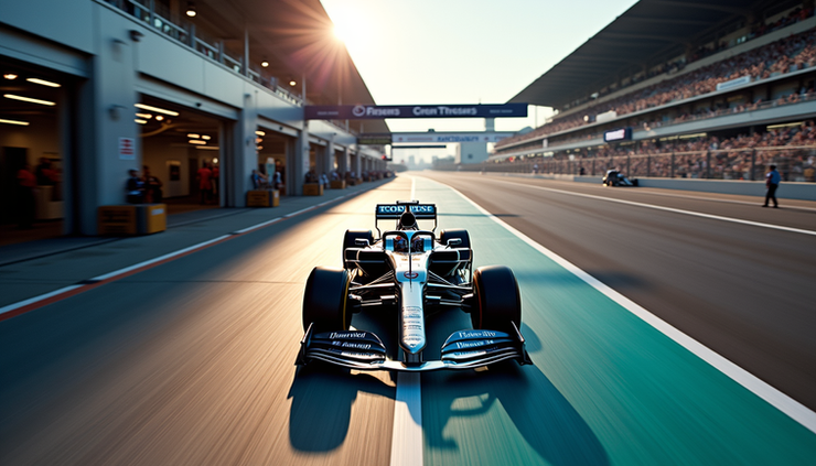 Vista aérea del pit lane de un circuito de F1 durante una parada en boxes